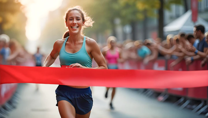 coureuse souriante qui franchit une ligne d'arrivée rouge