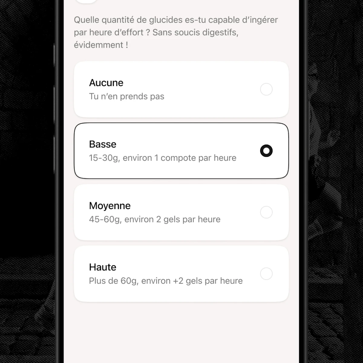 Écran choix des habitudes de consommation de glucides par heure application Campus Coach