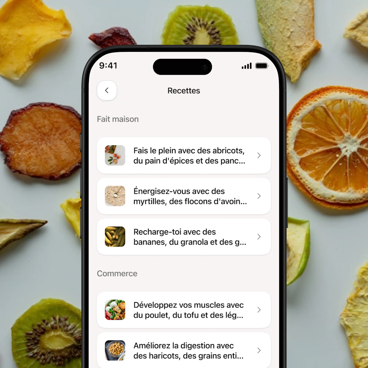 Écran suggestions de recettes de nutrition sportive application Campus Coach
