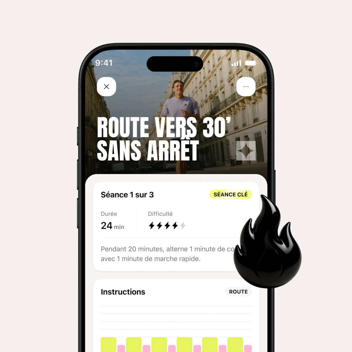 Écran séance 30 minutes sans s'arrêter application Campus Coach