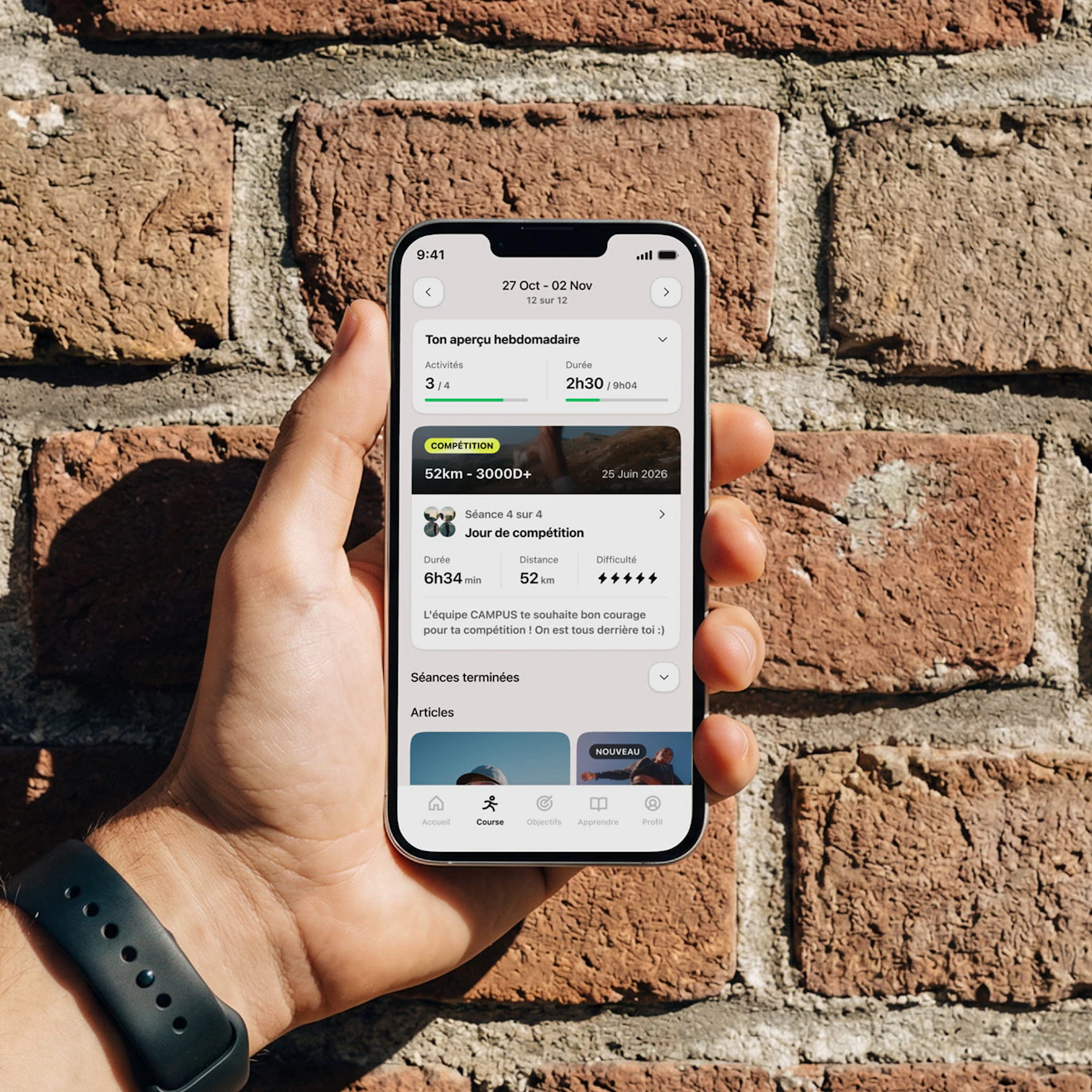 Écran semaine d'entraînement application Campus Coach
