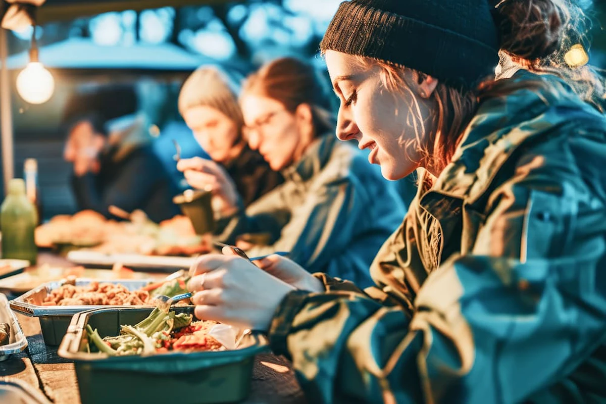 groupe de randonneurs qui mangent dans des lunchbox