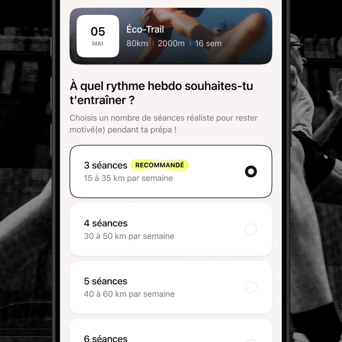 Visuel écran choix du nombre de séances par semaine sur l'application Campus Coach