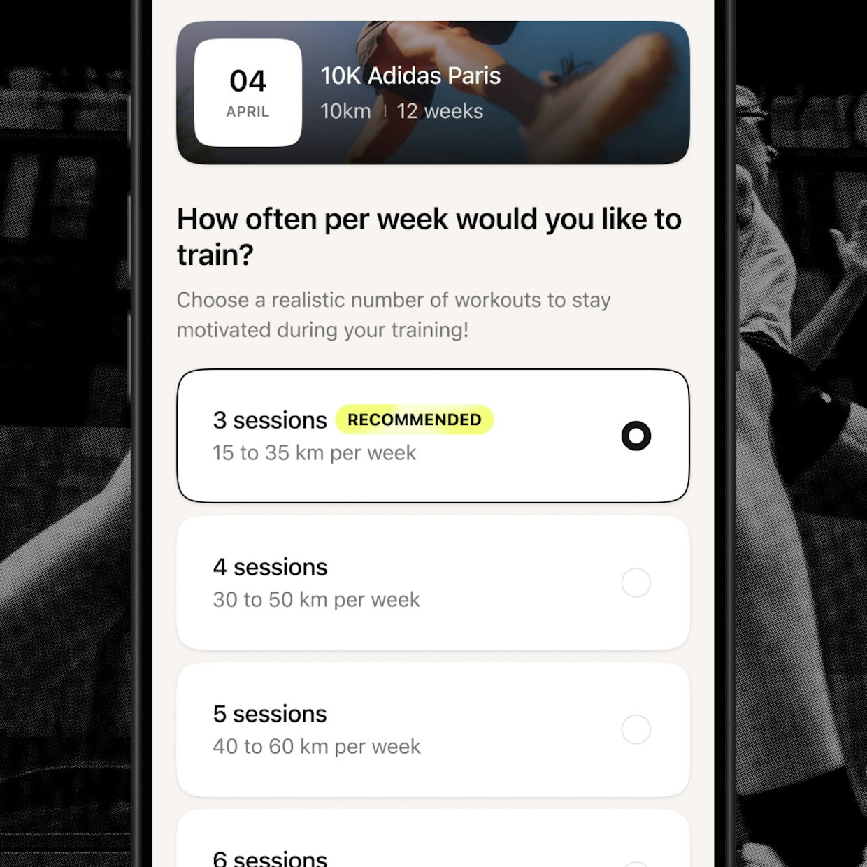 A Campus Coach screen asking how often the user wants to train, with three sessions recommended and four, five or six as open choices.