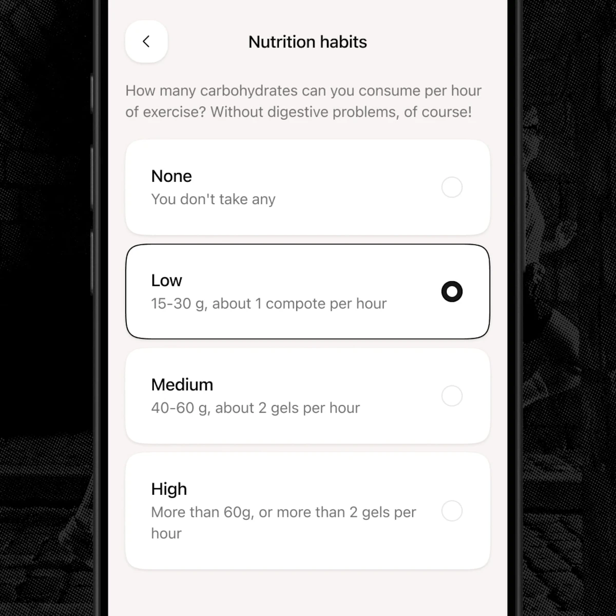 nutrition screen choice habits consumption carbohydrates per hour