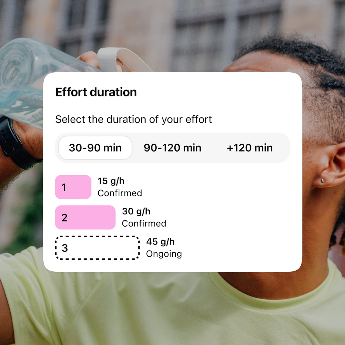 Workout duration screen in the Campus Coach sports nutrition app
