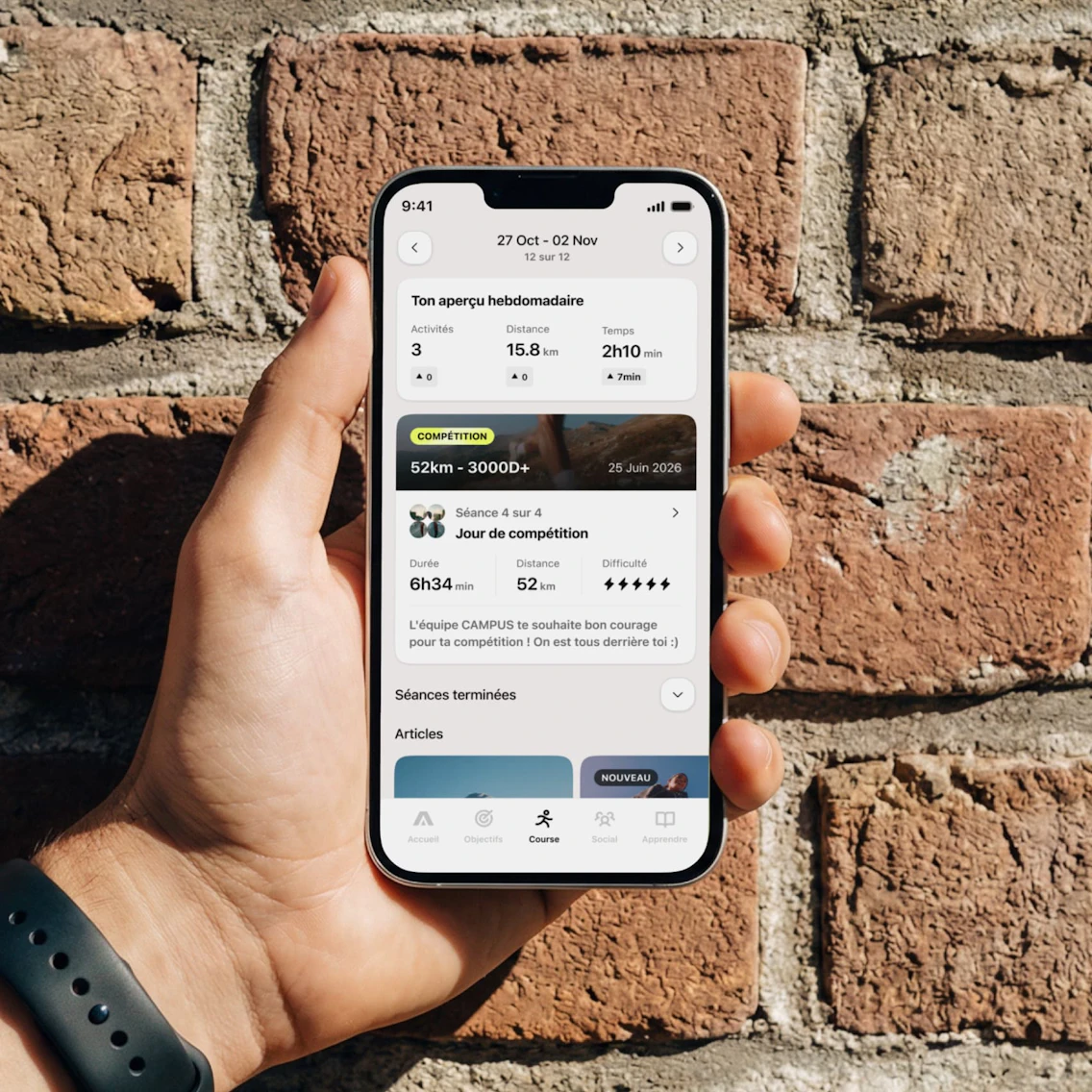 Écran semaine d'entraînement application Campus Coach