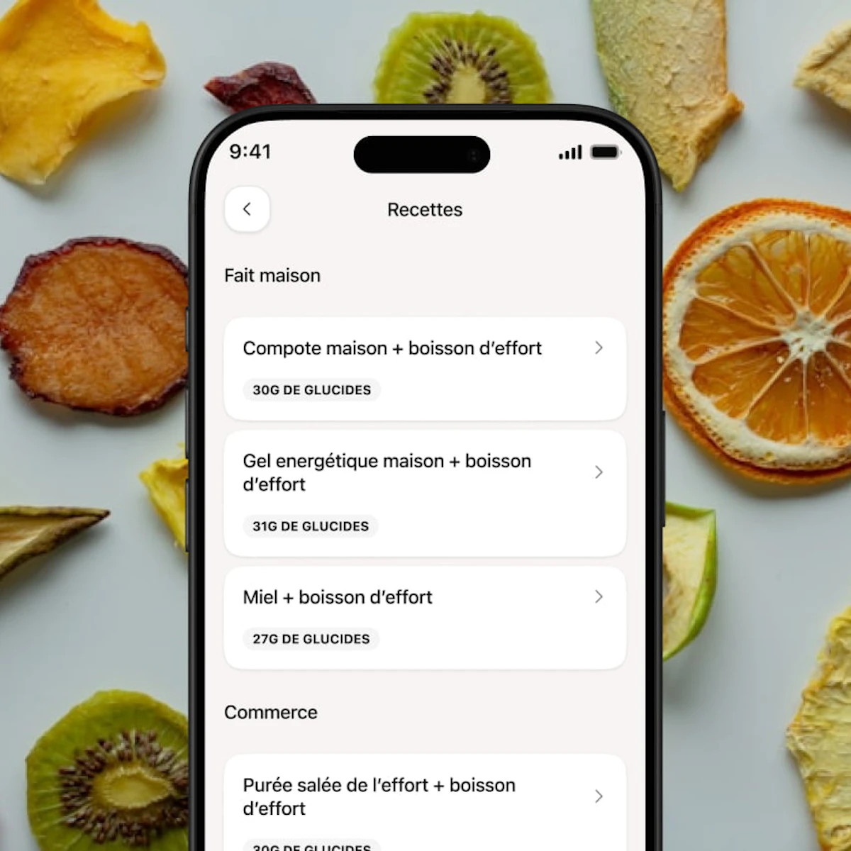 Écran suggestions de recettes de nutrition sportive application Campus Coach