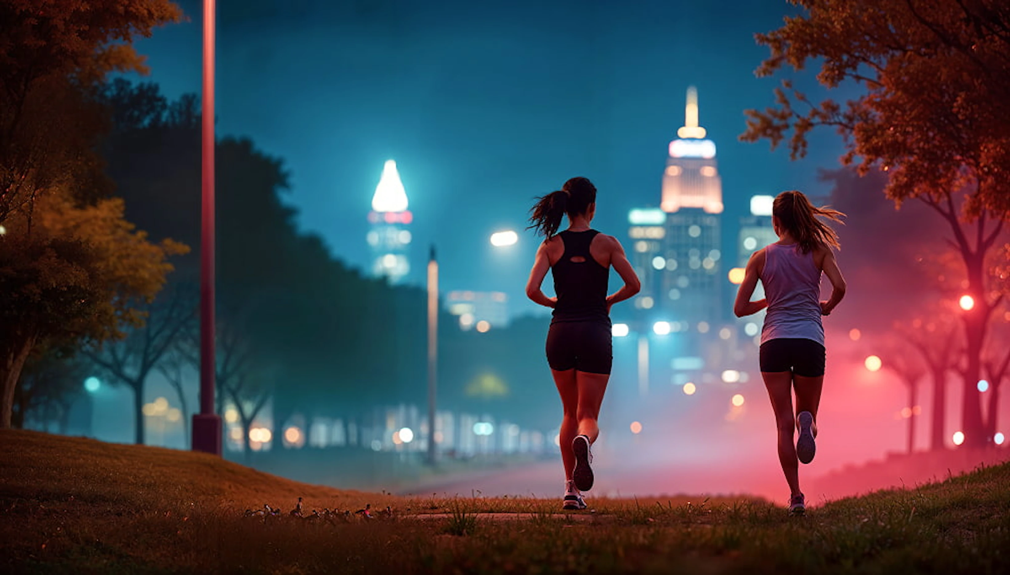 deux femmes de dos courent la nuit avec des buildings en arrière plan