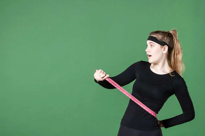 femme habillée en noir sur fond vert tient un mètre qui passe autour de sa taille