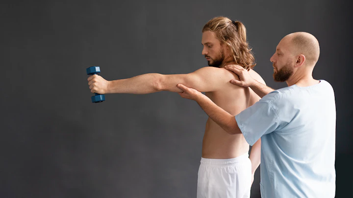un homme chauve en tee-shirt accompagne le mouvement de bras d'un homme torse nu avec une petite haltère