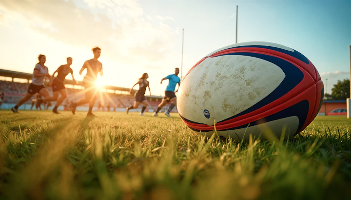 ballon de rugby sur de l'herbe avec des coureurs en arrière plan