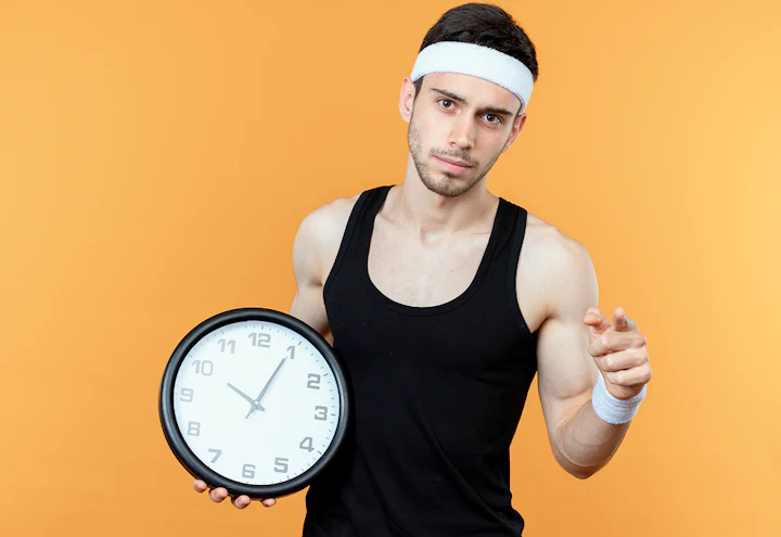 un homme en débardeur noir avec un bandeau blanc tient une horloge avec un fond orange à l'arrière