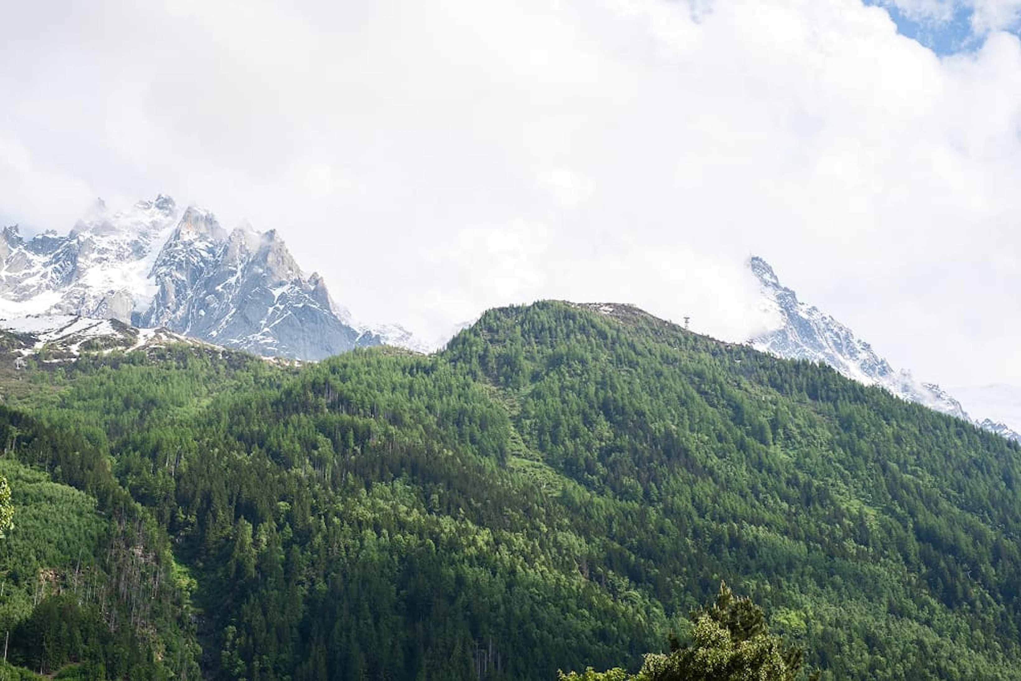 montagnes enneigées derrière des montagnes vertes - courses Rhône Alpes