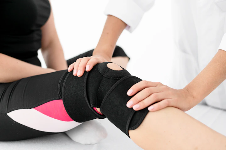 personnel de santé touchant une genouillère sur le genou d'une patiente en tenue de sport
