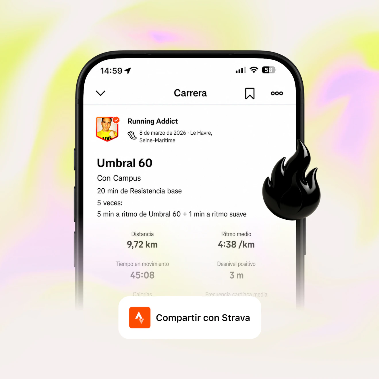 pantalla de actividad de strava compartida con la aplicacion campus coach