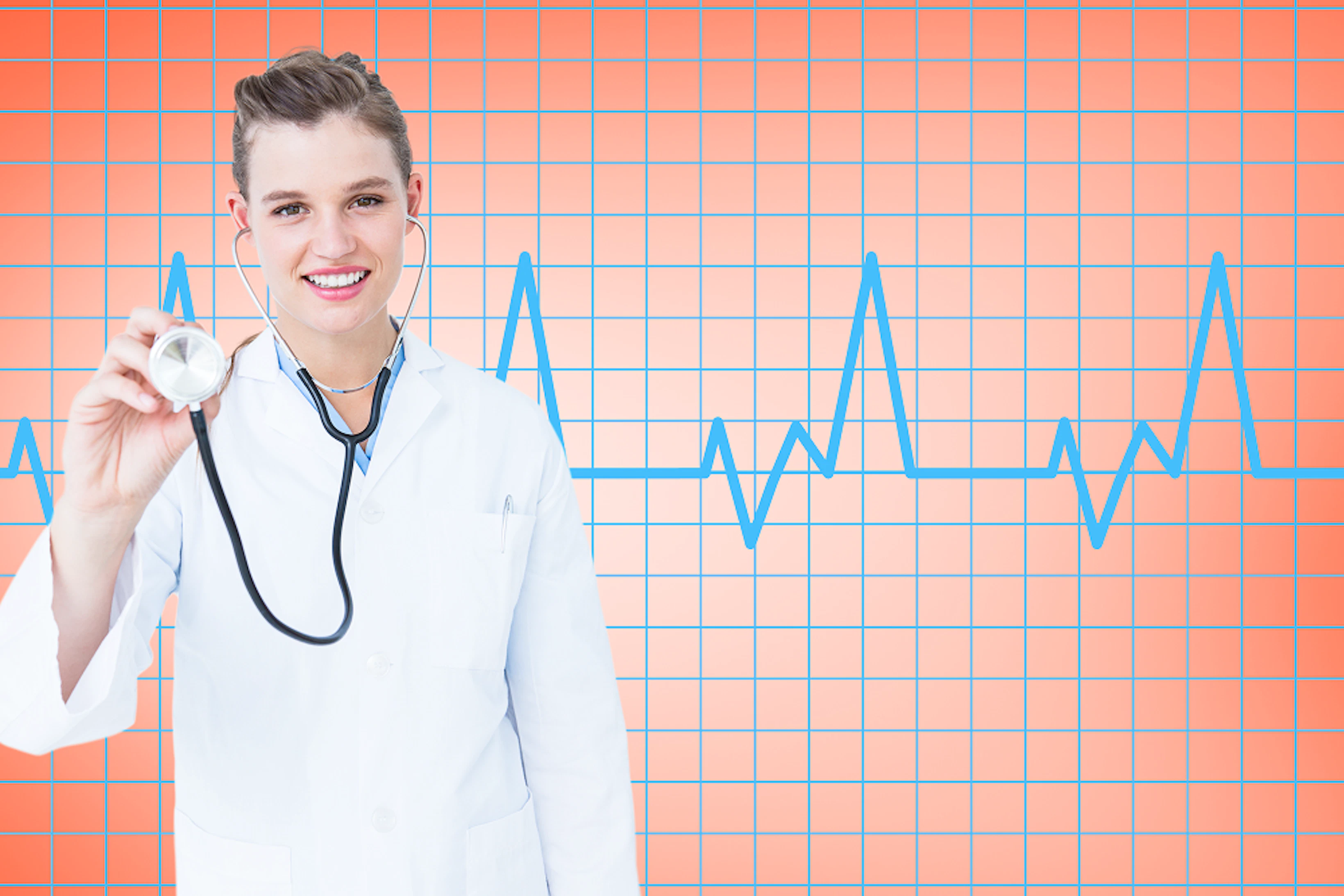 Une médecin brandit son stéthoscope ; en arrière-plan, un tracé électrocardiographique.
