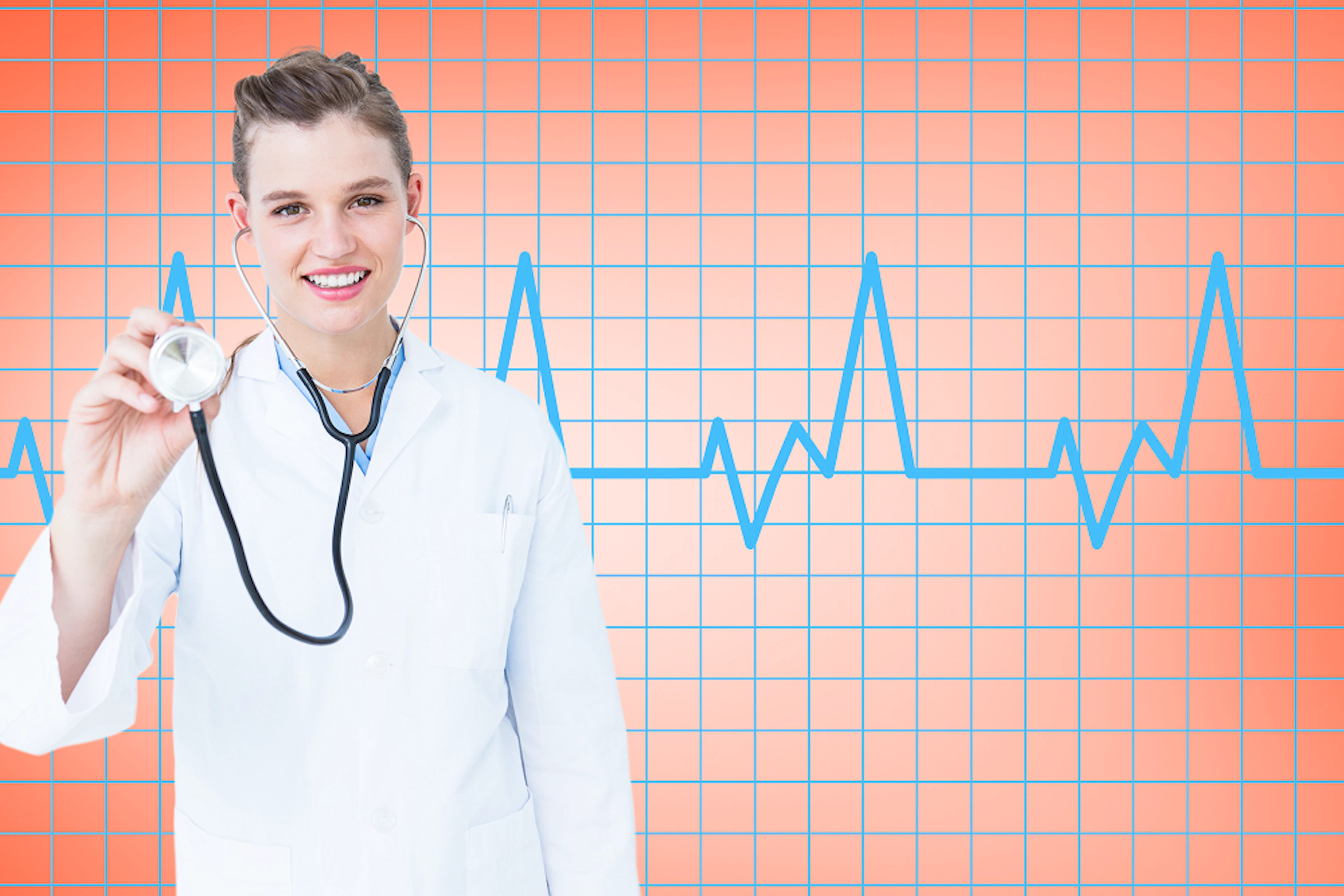Une médecin brandit son stéthoscope ; en arrière-plan, un tracé électrocardiographique.