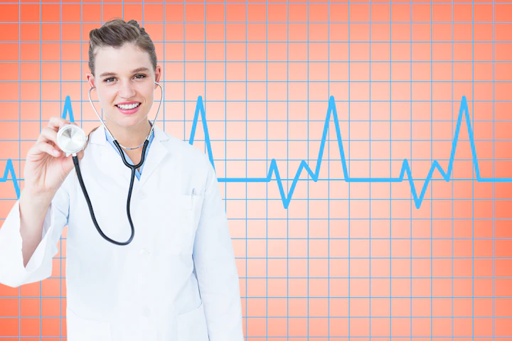 Une médecin brandit son stéthoscope ; en arrière-plan, un tracé électrocardiographique.