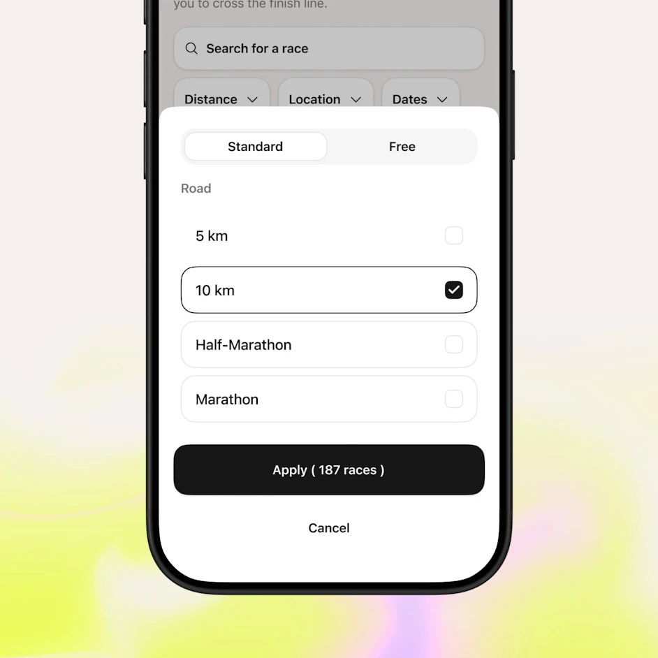 distances filter screen race events campus coach app