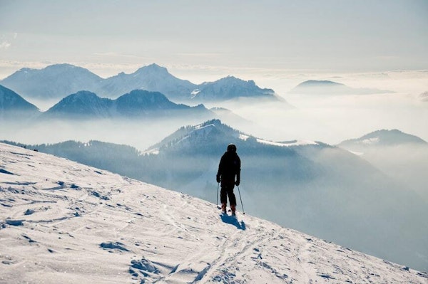 Abondance, ski resort Skier on the slopes of Abondance, Portes du Soleil ski area in Haute-Savoie