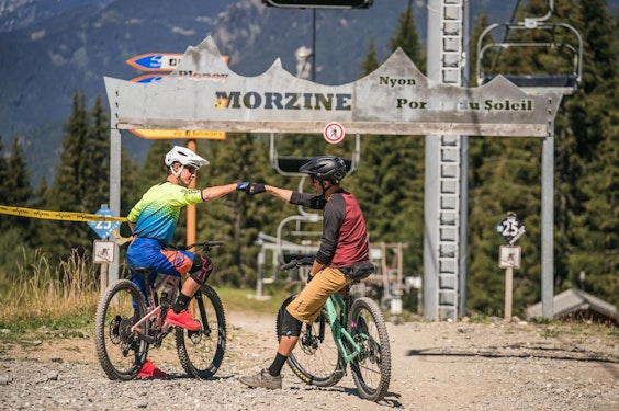 Mountain bike start at Morzine - Portes du Soleil sign in summer, Haute-Savoie