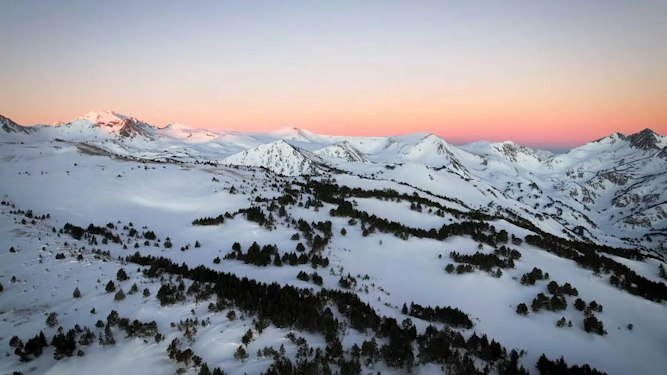 The snow-covered Capcir plateau at daybreak, from Formiguères