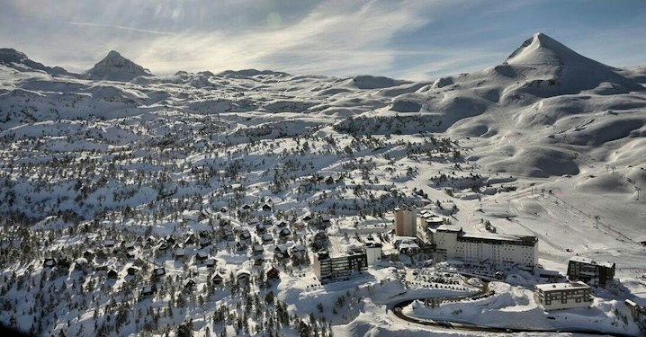 Aerial view of La Pierre Saint-Martin resort under snow