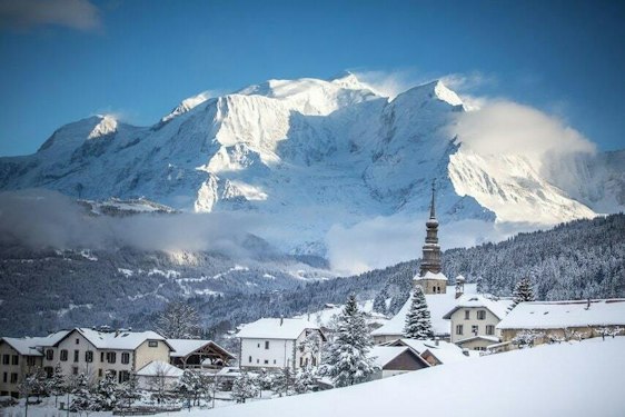The village of Saint-Gervais facing the snowy peaks, Haute-Savoie