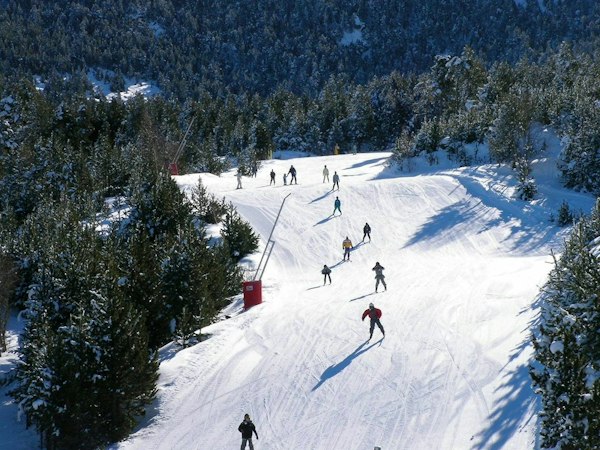 Sommet enneigé et sapins givrés au-dessus de la station du Cambre d’Aze, dans les Pyrénées-Orientales