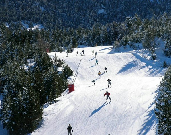 Panorama hivernal au Cambre d’Aze | Passe Montagne Sommet enneigé et sapins givrés au-dessus de la station du Cambre d’Aze, dans les Pyrénées-Orientales