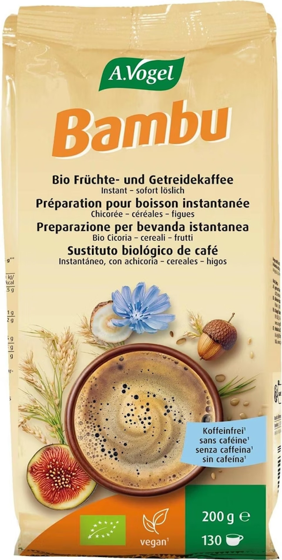 Produktaufnahme von "A.Vogel Bambu ® Instant".  Aromatischer Früchte- und Getreidekaffee aus kontrolliert biologischem Anbau. Enthält von Natur aus kein Koffein – auch für Kinder geeignet.