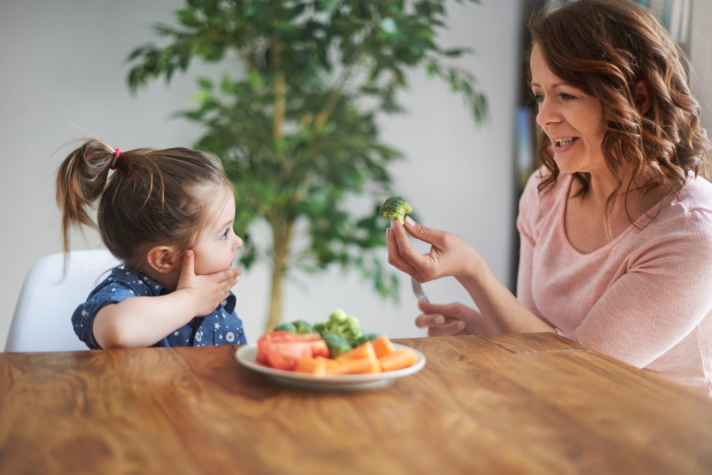 Ausgewogene Ernährung ist nicht schwierig Frau und Kind essen frisches Gemüse