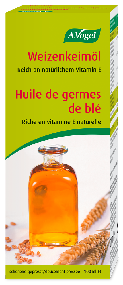 A.Vogel Weizenkeimöl, 100 ml Produktaufnahme von "A.Vogel Weizenkeimöl, 100 ml". Weizenkeimöl aus frischen Pflanzen, schonend gepresst und reich an natürlichem Vitamin E. Vitamin E trägt zum Schutz der Zellen vor oxidativem Stress bei.