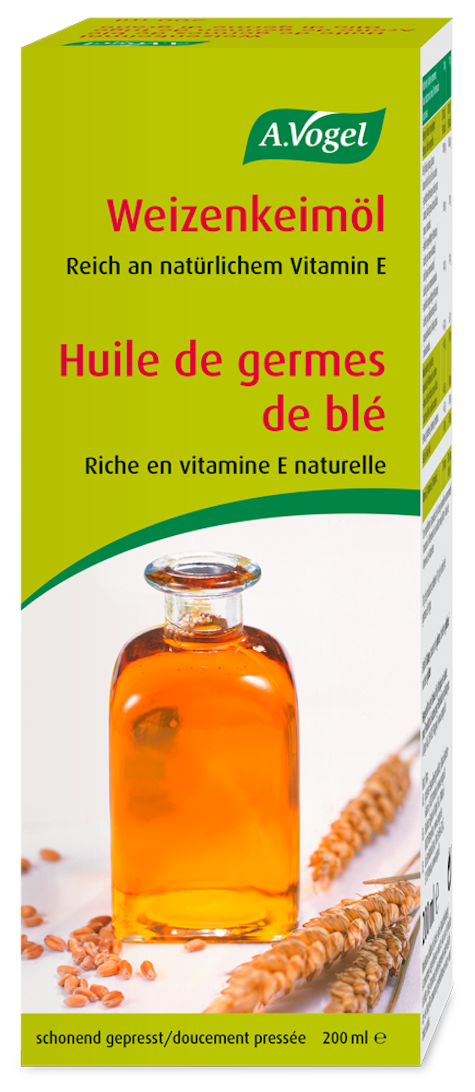 Produktaufnahme von "A.Vogel Weizenkeimöl, 200 ml". Weizenkeimöl aus frischen Pflanzen, schonend gepresst und reich an natürlichem Vitamin E. Vitamin E trägt zum Schutz der Zellen vor oxidativem Stress bei.