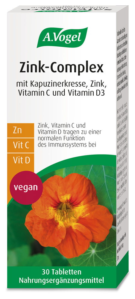 A.Vogel Zink-Complex Produktaufnahme von "A.Vogel Zink-Complex", mit Kapuzinerkresse, Zink, Vitamin C und Vitamin D3.