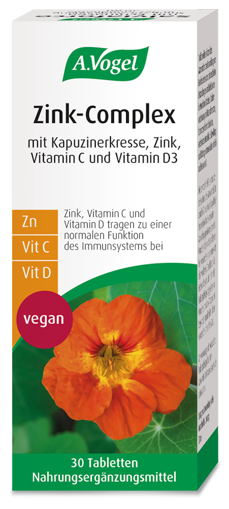 Produktaufnahme von "A.Vogel Zink-Complex", mit Kapuzinerkresse, Zink, Vitamin C und Vitamin D3.
