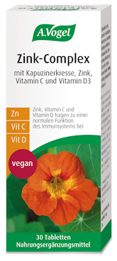 A.Vogel Zink-Complex Produktaufnahme von "A.Vogel Zink-Complex", mit Kapuzinerkresse, Zink, Vitamin C und Vitamin D3.