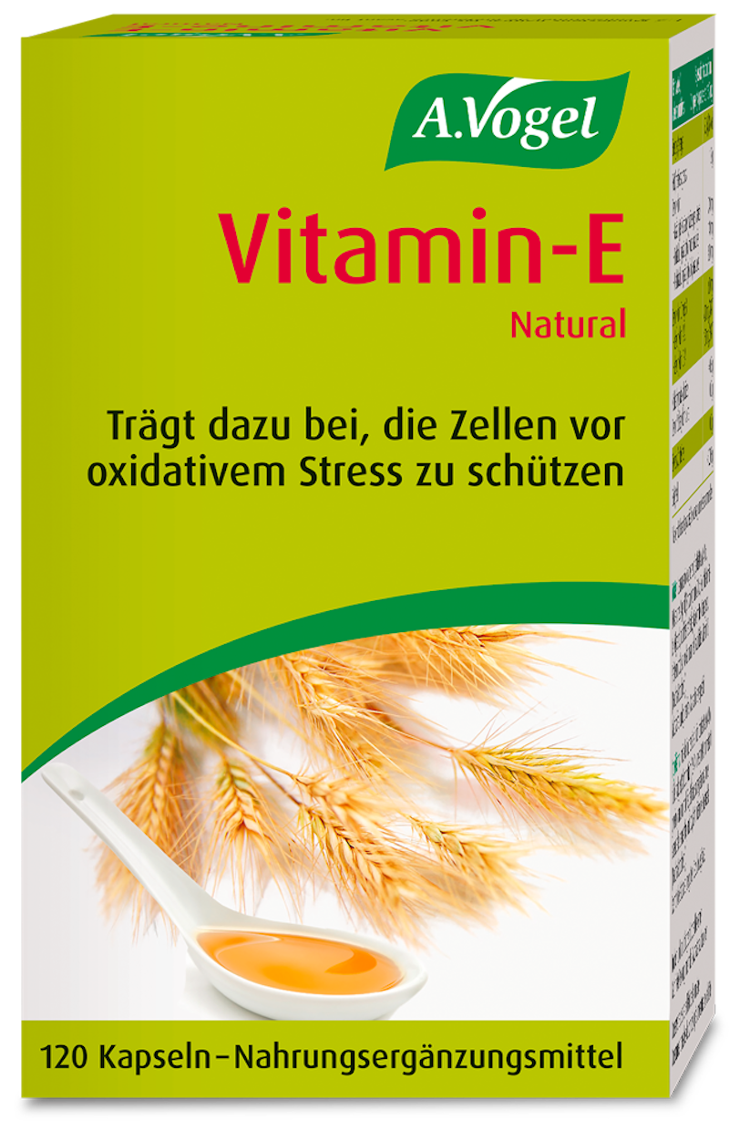 Produkaufnahme "A.Vogel Vitamin-E Natural, 120 Kapseln": Kapseln mit natürlichem Vitamin E aus schonend gepresstem Weizenkeim-Öl. Vitamin E trägt dazu bei, die Zellen vor oxidativem Stress zu schützen.