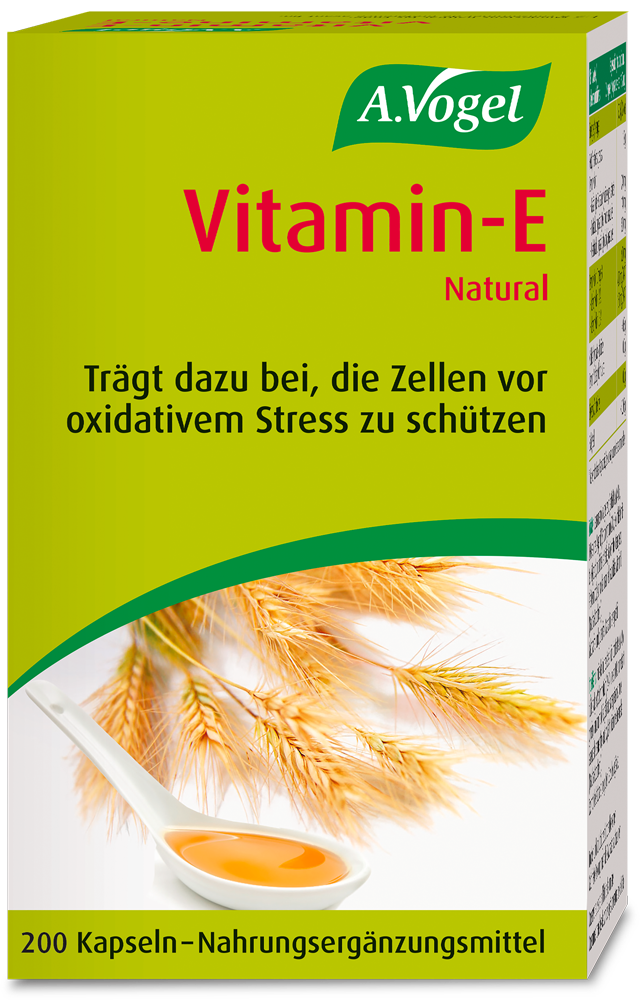 A.Vogel Vitamin-E Natural, 200 Kapseln Produkaufnahme "A.Vogel Vitamin-E Natural, 200 Kapseln": Kapseln mit natürlichem Vitamin E aus schonend gepresstem Weizenkeim-Öl. Vitamin E trägt dazu bei, die Zellen vor oxidativem Stress zu schützen.
