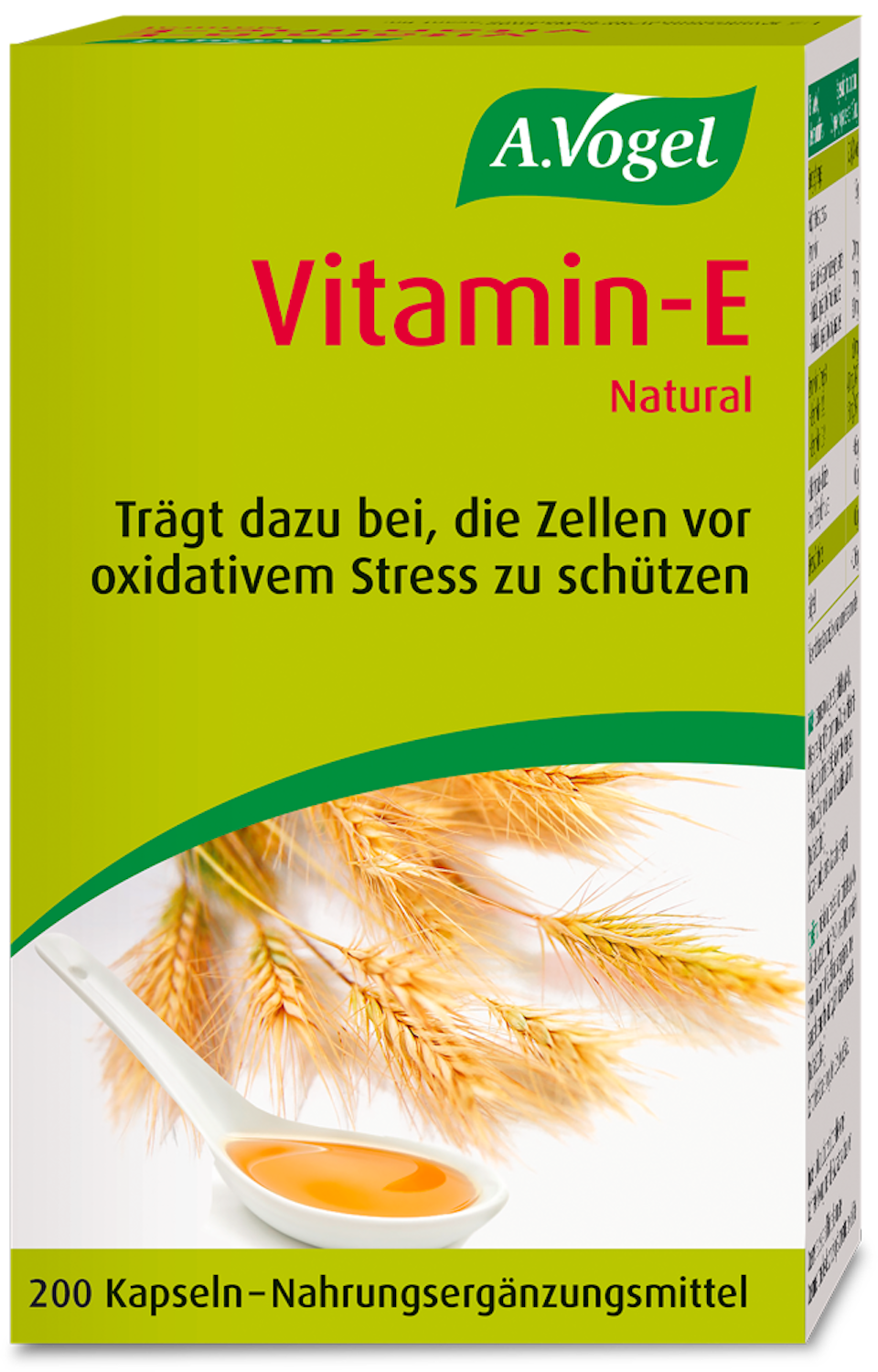 Produkaufnahme "A.Vogel Vitamin-E Natural, 200 Kapseln": Kapseln mit natürlichem Vitamin E aus schonend gepresstem Weizenkeim-Öl. Vitamin E trägt dazu bei, die Zellen vor oxidativem Stress zu schützen.