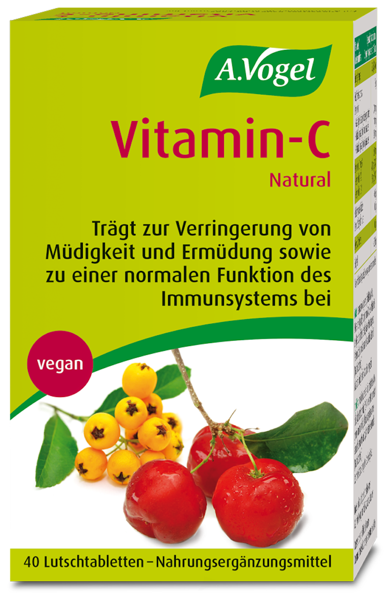 Produktaufnahme von "Vitamin C Natural". Lutschtabletten mit natürlichem Vitamin C aus der Acerolakirsche, mit Passionsfrucht- und Sanddornextrakt zur Nahrungsergänzung.