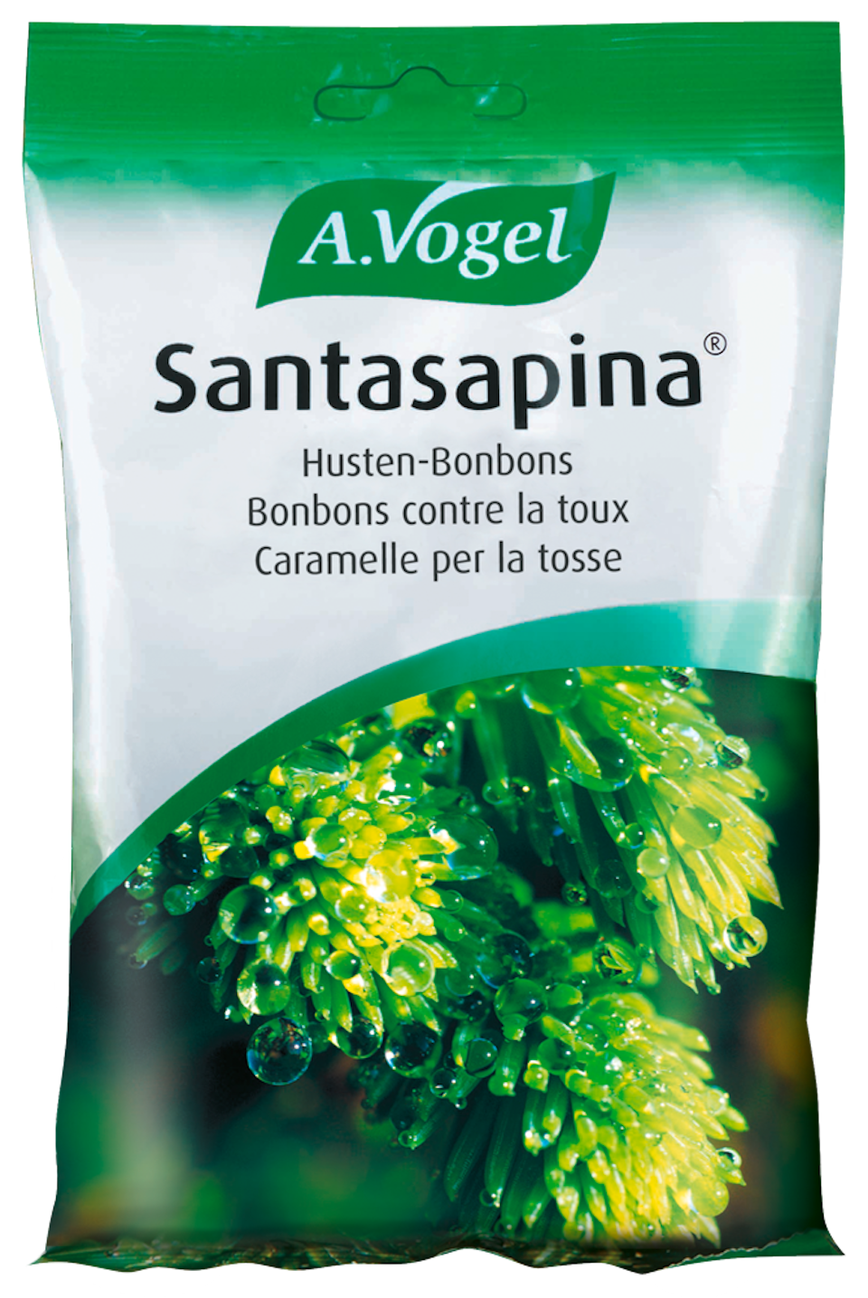 Produktaufnahme von "Santasapina® Bonbons, 100 g Beutel".  Frei verkäufliches Arzneimittel mit Fichtenknospen-Extrakt und Honig. Husten-Bonbons mit einzigartigem Flüssigkern, die bei Husten und Heiserkeit helfen.