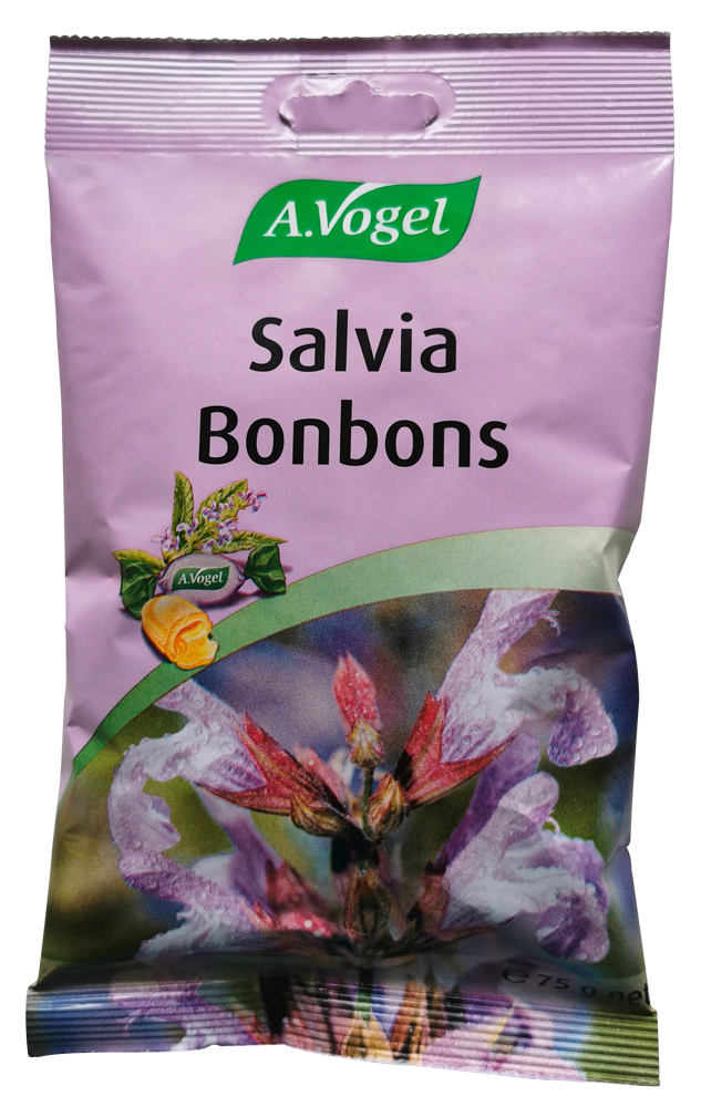 A.Vogel Salvia Bonbons Produktaufnahme "A.Vogel Salvia Bonbons". Gefülltes Salbeibonbon mit Honig und natürlichem Vitamin C aus der Acerolakirsche. Wohltuend für Rachen und Hals – mit einzigartigem Flüssigkern.