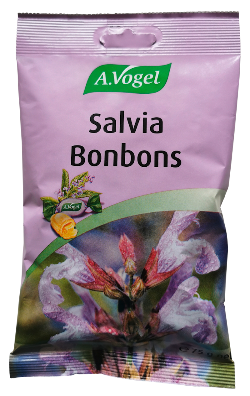 Produktaufnahme "A.Vogel Salvia Bonbons". Gefülltes Salbeibonbon mit Honig und natürlichem Vitamin C aus der Acerolakirsche. Wohltuend für Rachen und Hals – mit einzigartigem Flüssigkern.