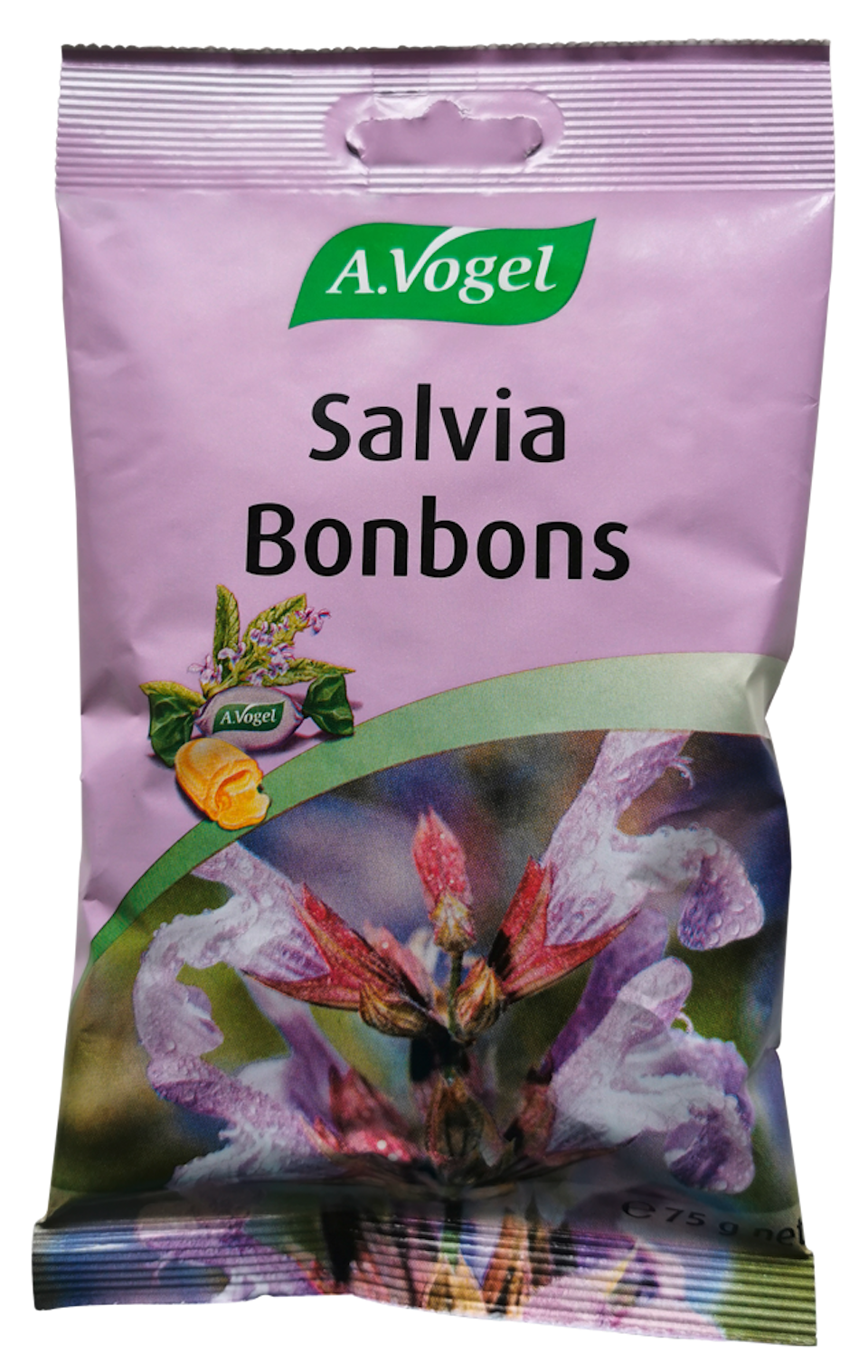 Produktaufnahme "A.Vogel Salvia Bonbons". Gefülltes Salbeibonbon mit Honig und natürlichem Vitamin C aus der Acerolakirsche. Wohltuend für Rachen und Hals – mit einzigartigem Flüssigkern.