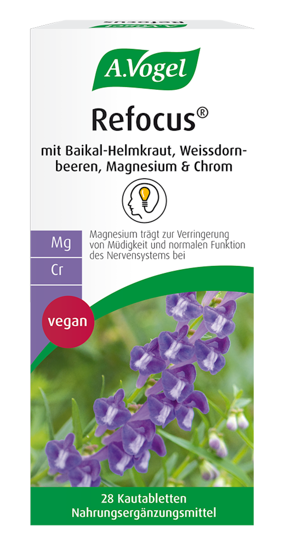Produktaufnahme von "A.Vogel Refocus". Magnesium trägt zur Verringerung von Müdigkeit und normalen Funktion des Nervensystems bei.