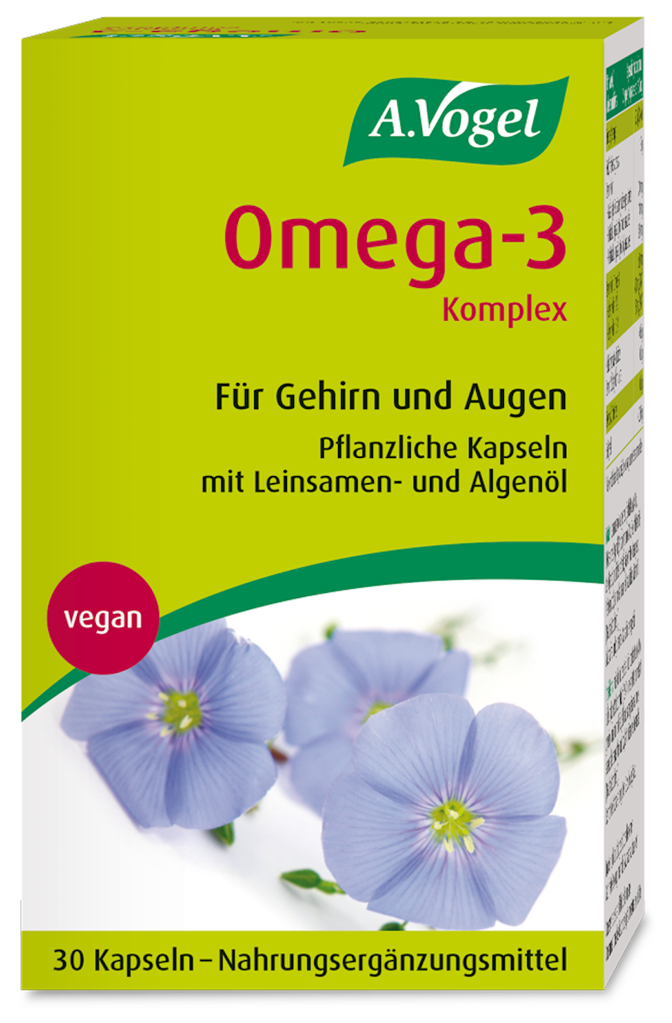 Produktaufnahme vom "A.Vogel Omega-3 Komplex". A.Vogel Omega-3 Komplex - rein pflanzliche Kapseln mit Leinsamen- und Algenöl. Die natürliche, ganzheitliche Nahrungsergänzung für jeden Tag.