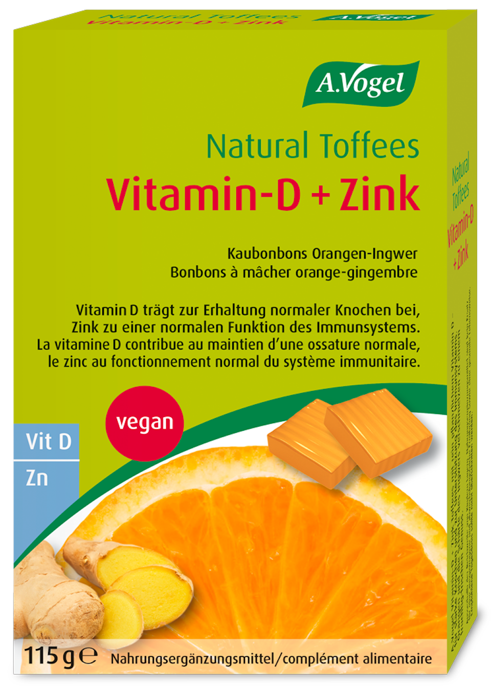 Produktaufnahme von "A.Vogel Natural Toffees Vitamin-D + Zink".  Kaubonbons Orangen-Ingwer mit Vitamin D und Zink. Vitamin D trägt zur Erhaltung normaler Knochen bei, Zink zu einer normalen Funktion des Immunsystems.