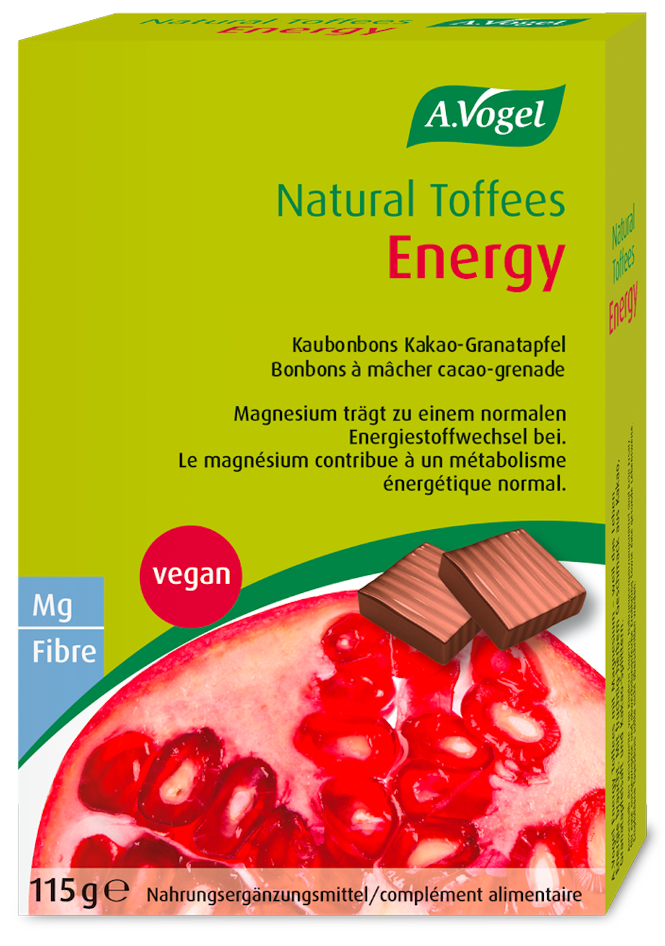Produktaufnahme von "A.Vogel Natural Toffees Energy Kakao-Granatapfel". Fruchtig-herbe Kaubonbons mit Magnesium, Kakao, grünem Hafer und Granatapfel. Magnesium trägt zu einem normalen Energiestoffwechsel bei.